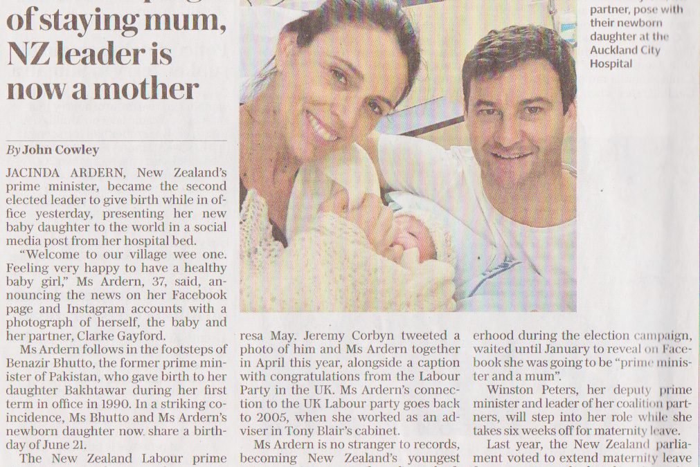 Daily telegraph scanned article on Jacinda Arden Baby